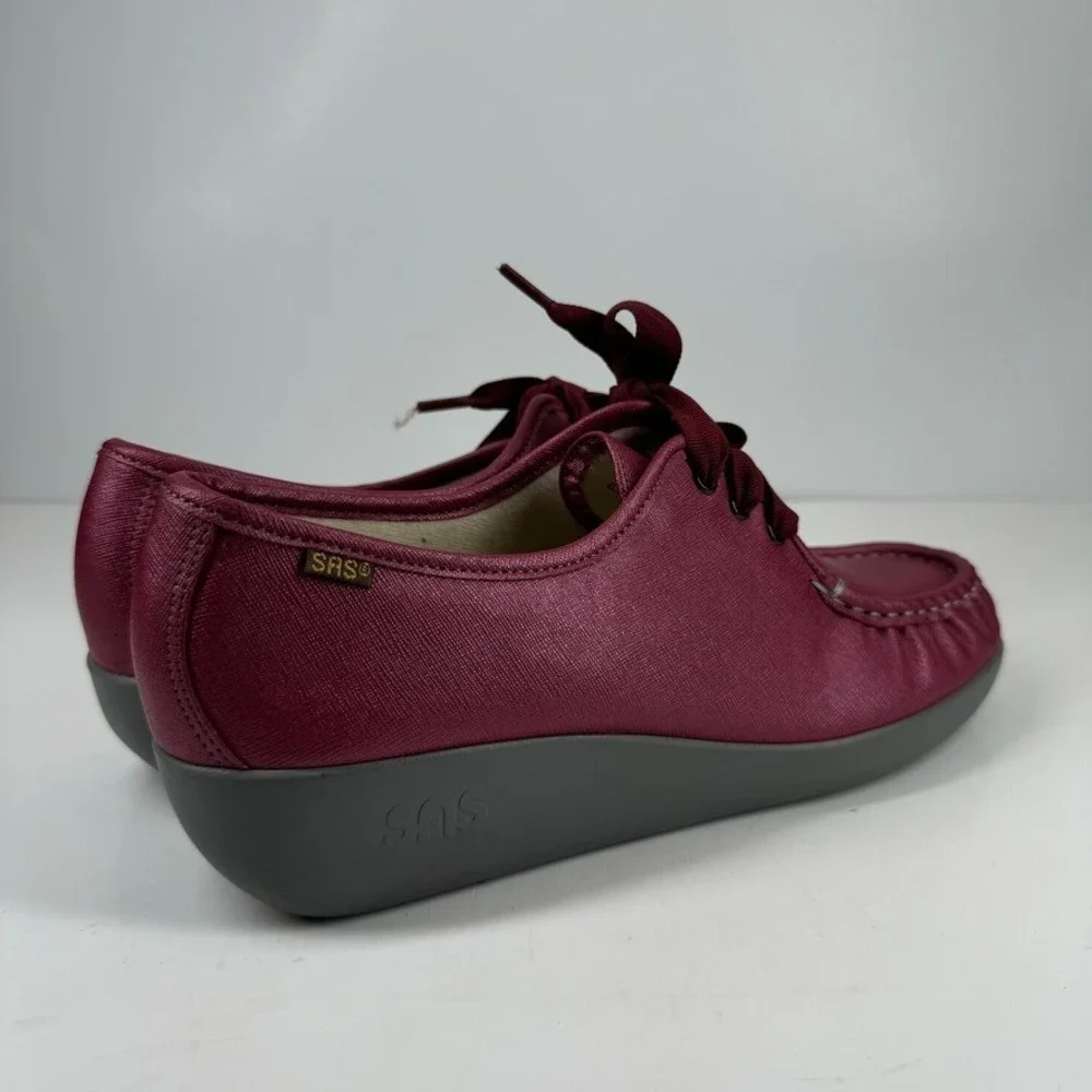 SAS Bounce Women's 11.5M Cranberry Burgundy Leather Lace-Up Wedge Moccasin Shoes